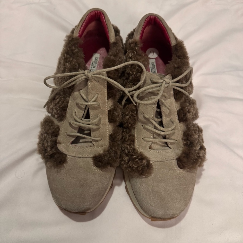 Caterina Lucchi Suede Leather Elegant Women's Beige and Brown Sneakers Size 9